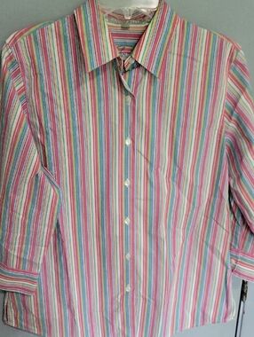 Foxcroft Sz 10 Fitted Multicolor Striped Button-Down Shirt No Iron